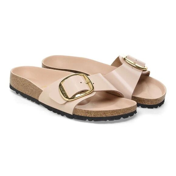 Wmn's Birkenstock Madrid Big Buckle Slide Sandals In Natural Leather Patent 40/9 - Picture 3 of 15